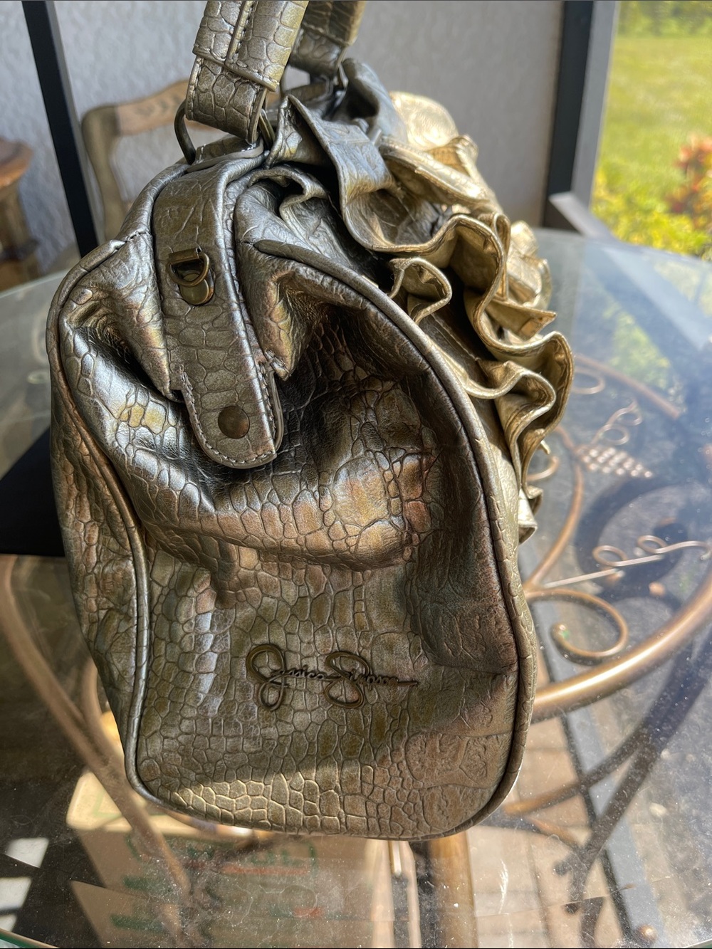 Metallic Gold Ruffle Satchel Handbag - Picture 2 of 3